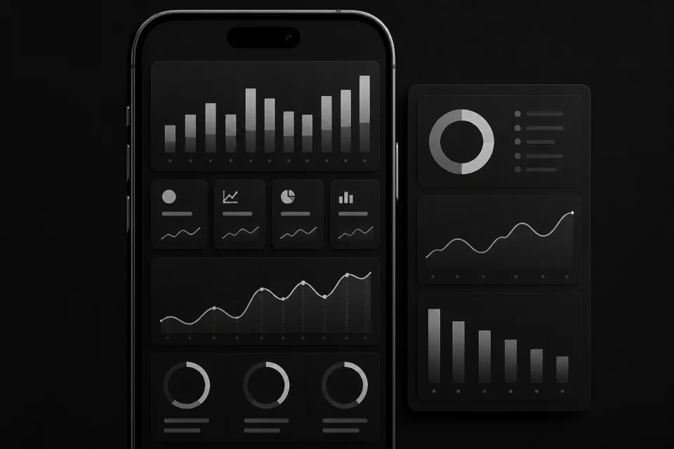 Monochrome mobile analytics dashboard and reports