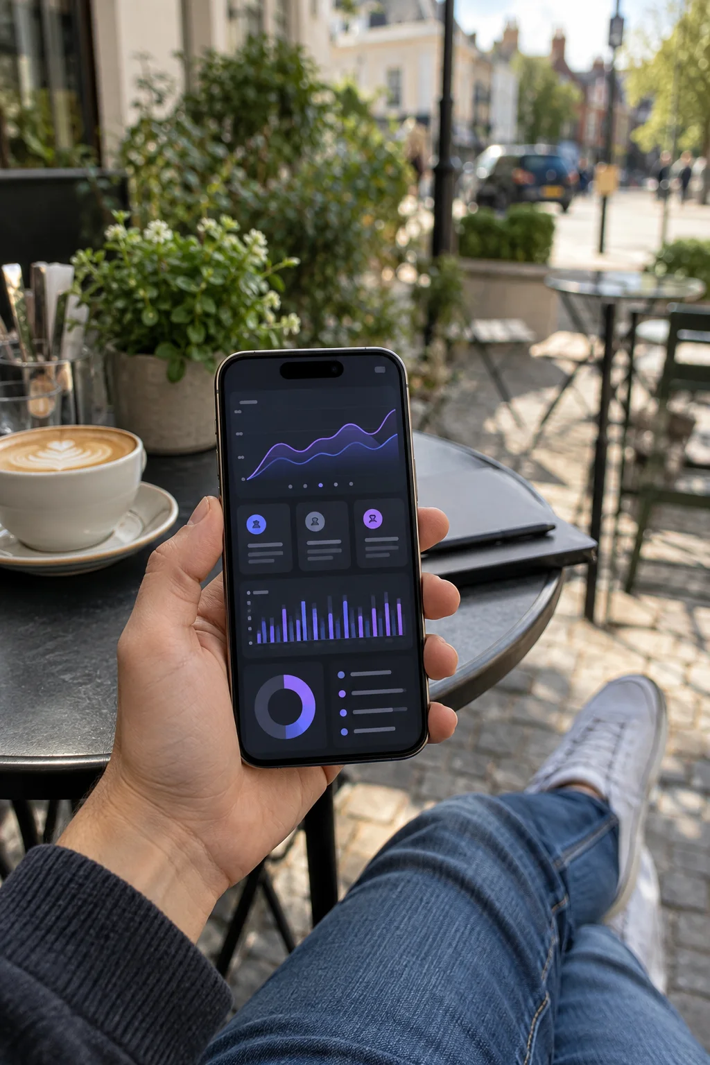 Business dashboard app viewed from a seated person at an outdoor cafe
