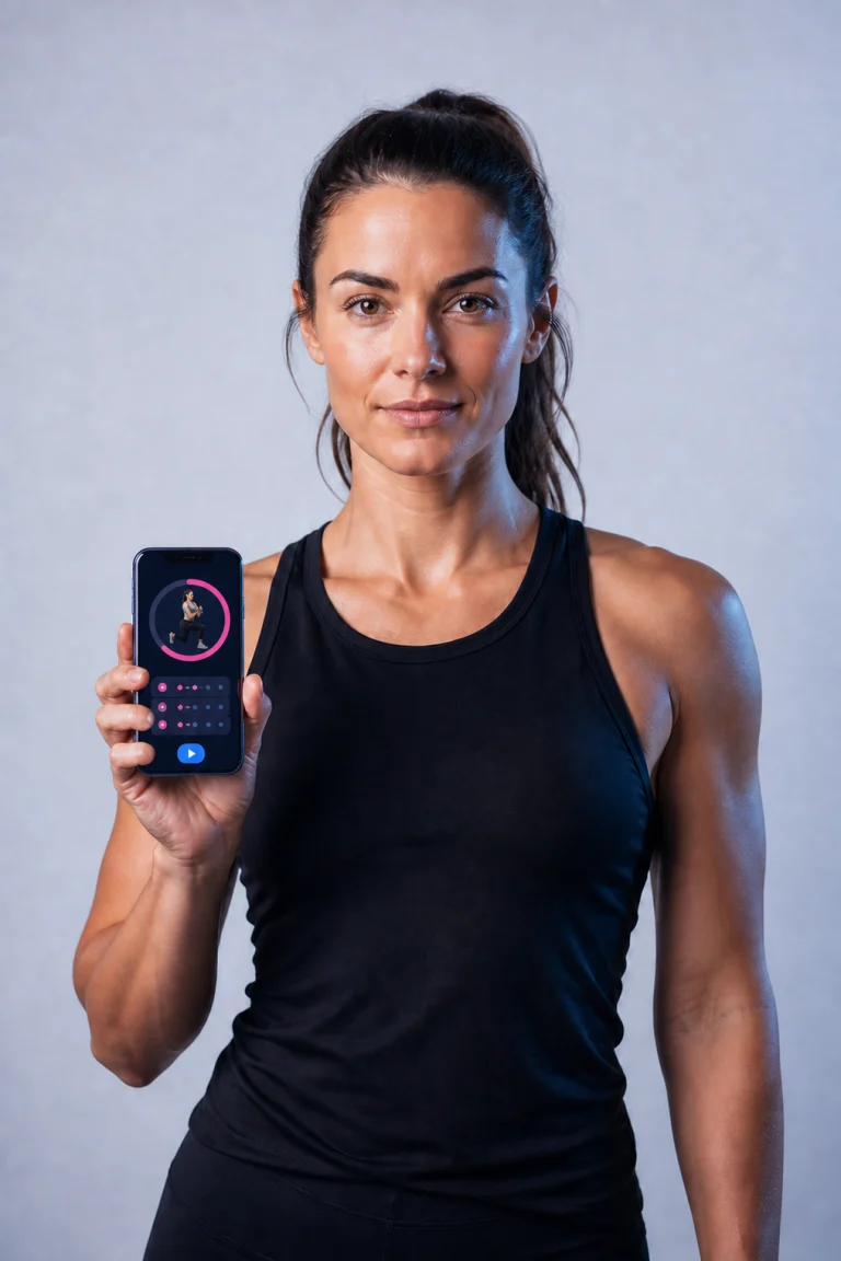 Personal trainer beside a custom mobile workout planner interface