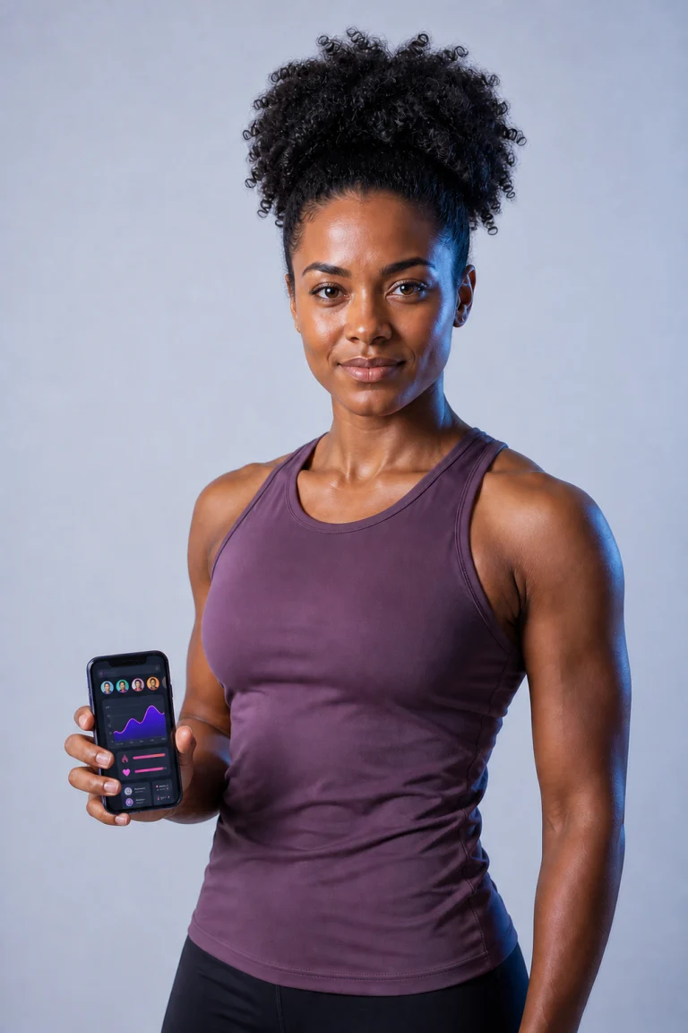 Personal trainer beside a web coach dashboard interface