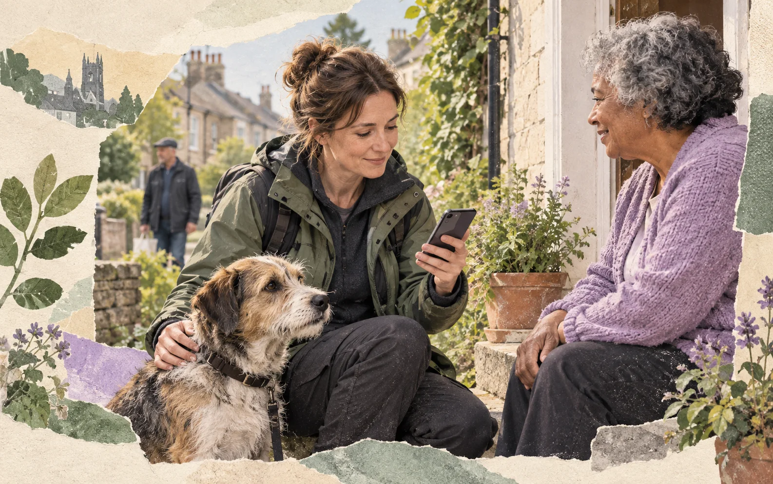 An artistic collage of a charity field worker using a phone near a rescue animal.